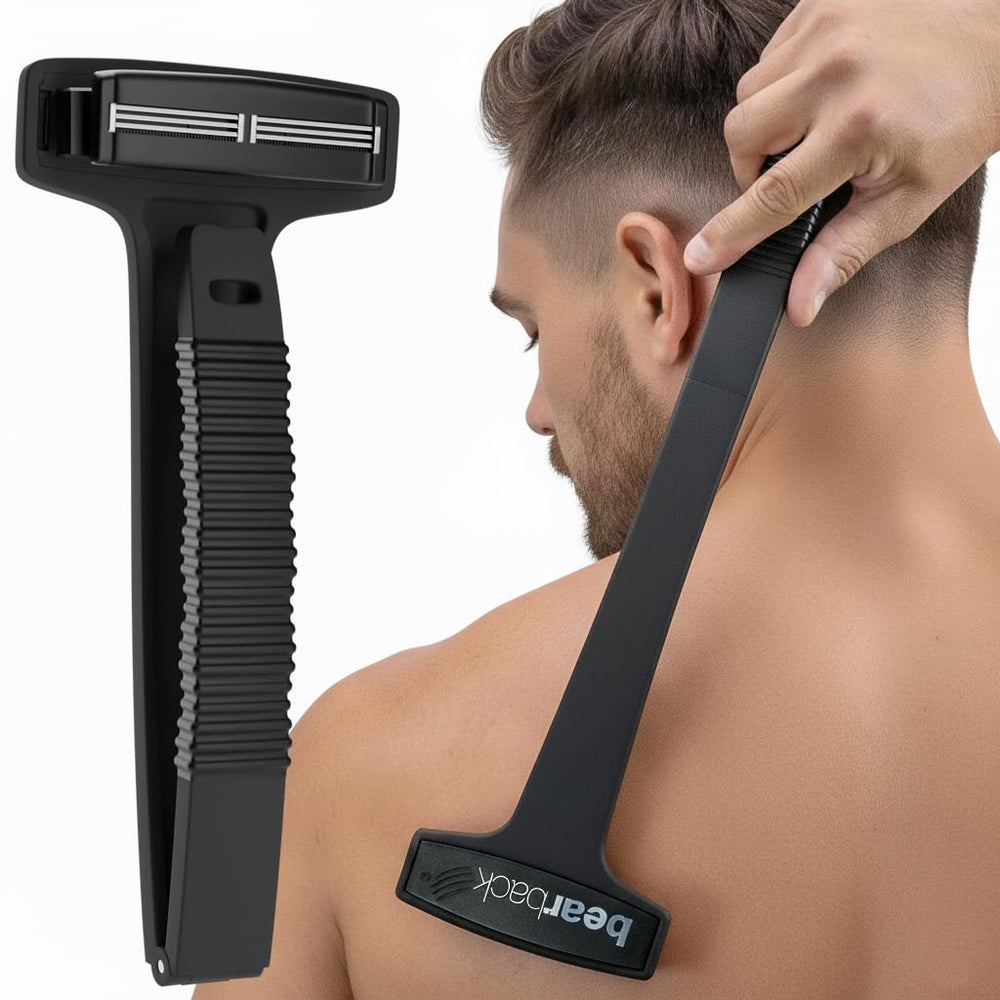 Bearback back shaver with extended handle for easy back access.