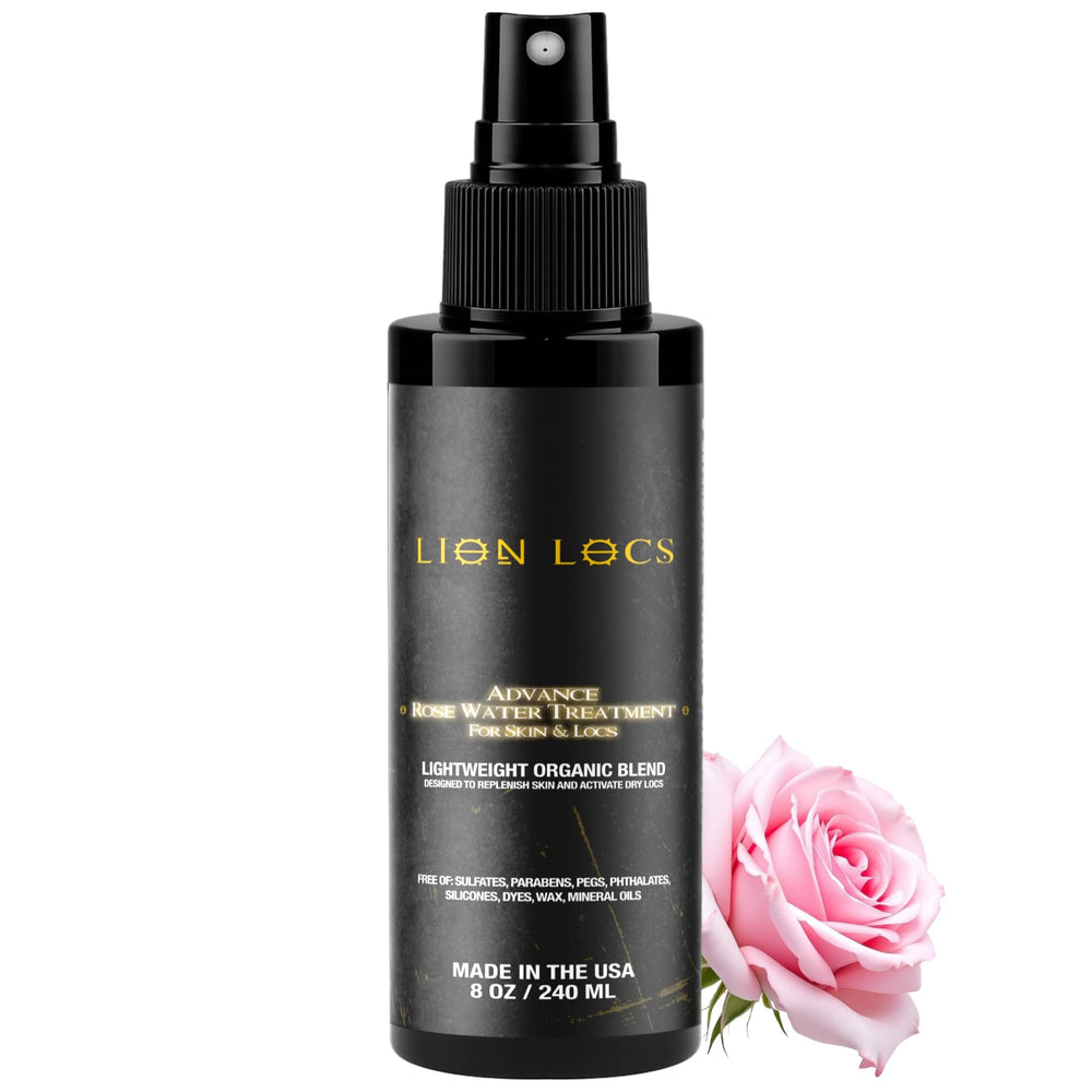 Beard Gains Lion Locs Rosewater Spray bottle delivering deep hydration for locs.