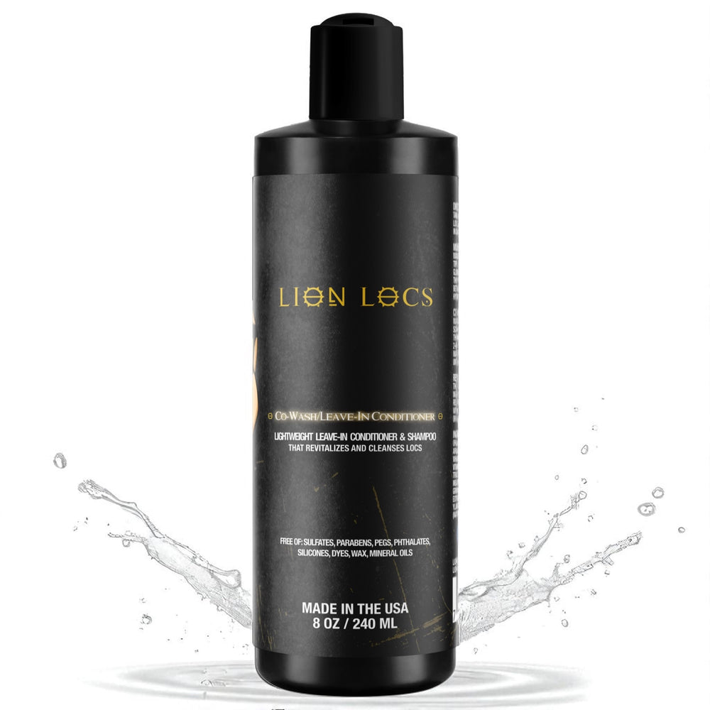 Beard Gains Lion Locs shampoo bottle showing residue-free cleansing promise for dreadlocks