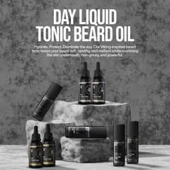Beard Struggle Day Liquid Tonic Viking Storm label closeup with all-day fragrance cue.