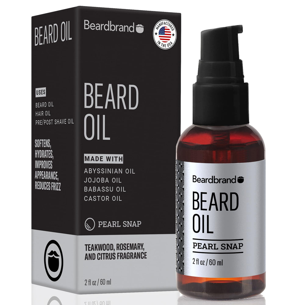 Beardbrand beard oil bottle pour demonstrates softening coarse beard hair for easier styling.