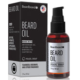 Beardbrand beard oil bottle pour demonstrates softening coarse beard hair for easier styling.