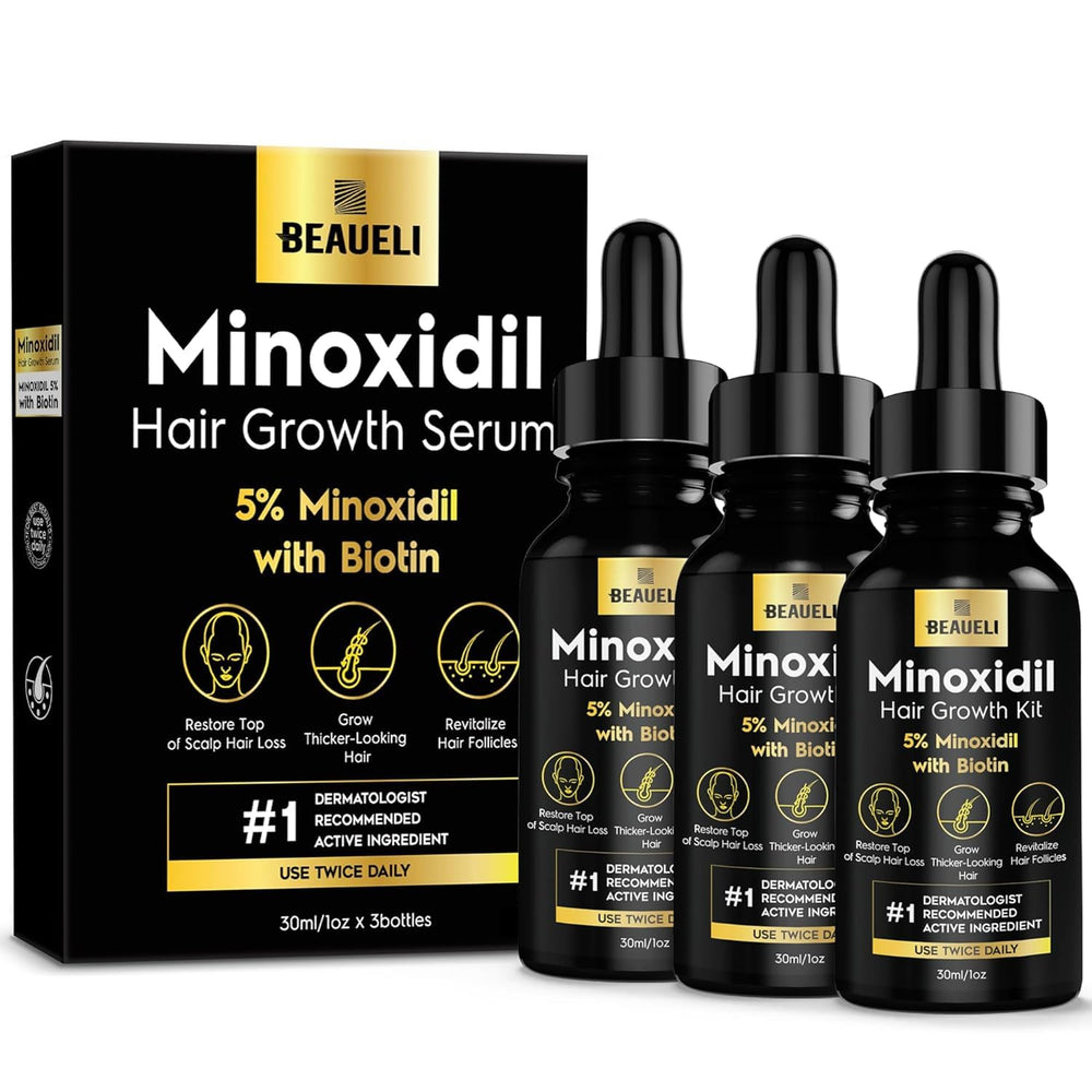 Beaueli 5% Minoxidil bottle closeup for targeted scalp application and potential hair regrowth support.