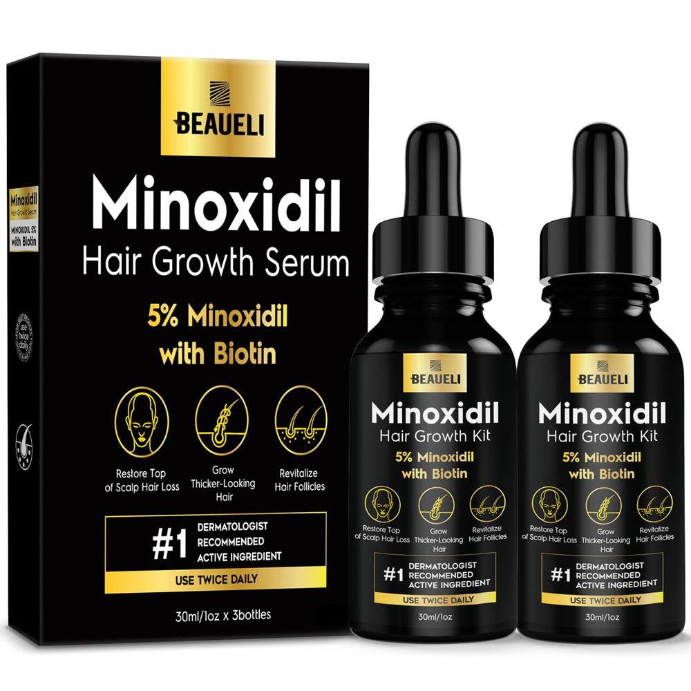 Beaueli 5% minoxidil bottle with drops for precise scalp application and growth support.