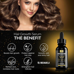 Beaueli biotin-infused minoxidil serum nourishes thinning hair.