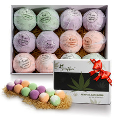 Beautifier Life hemp bath bomb gift set six scents shown with colorful bombs
