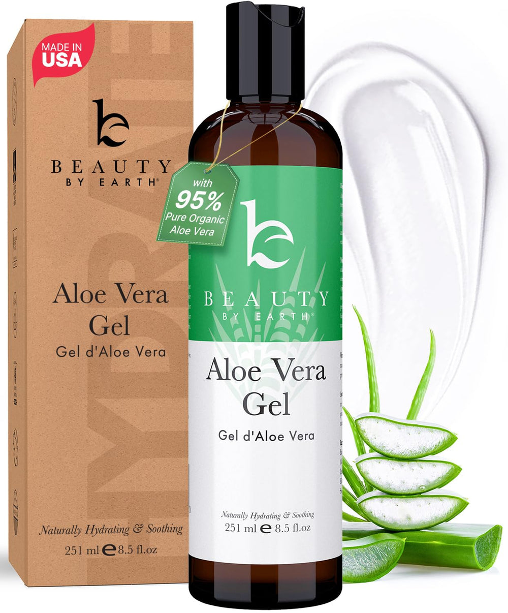 Beauty by Earth Aloe Vera Gel bottle shows USA-made purity for gentle cooling on skin.