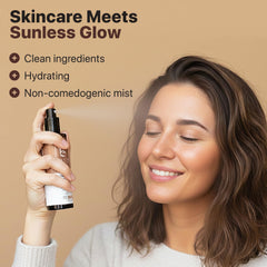 Beauty by Earth Tanning Water bottle on vanity shows clean, natural formula for even coverage.