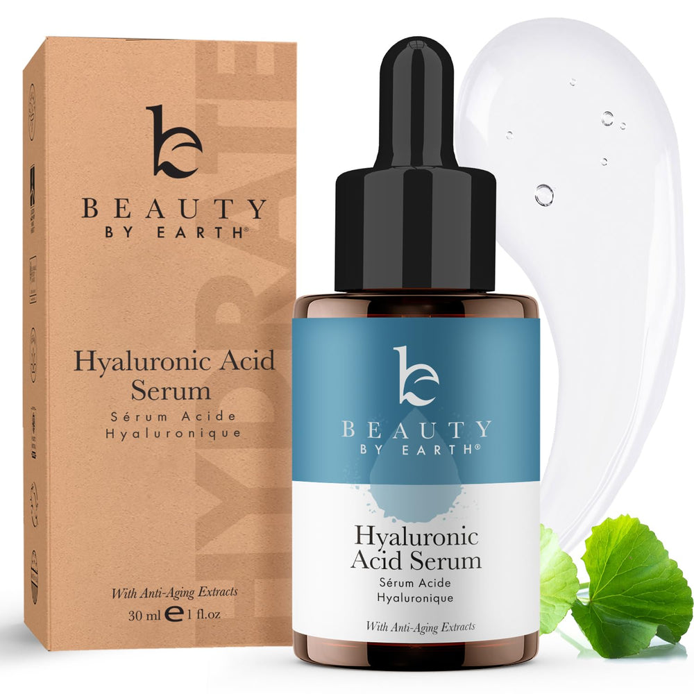 Beauty by Earth hyaluronic serum bottle closeup for hydration