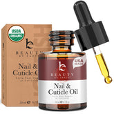 Beauty by Earth nail oil bottle closeup showing hydrating, strengthening care.