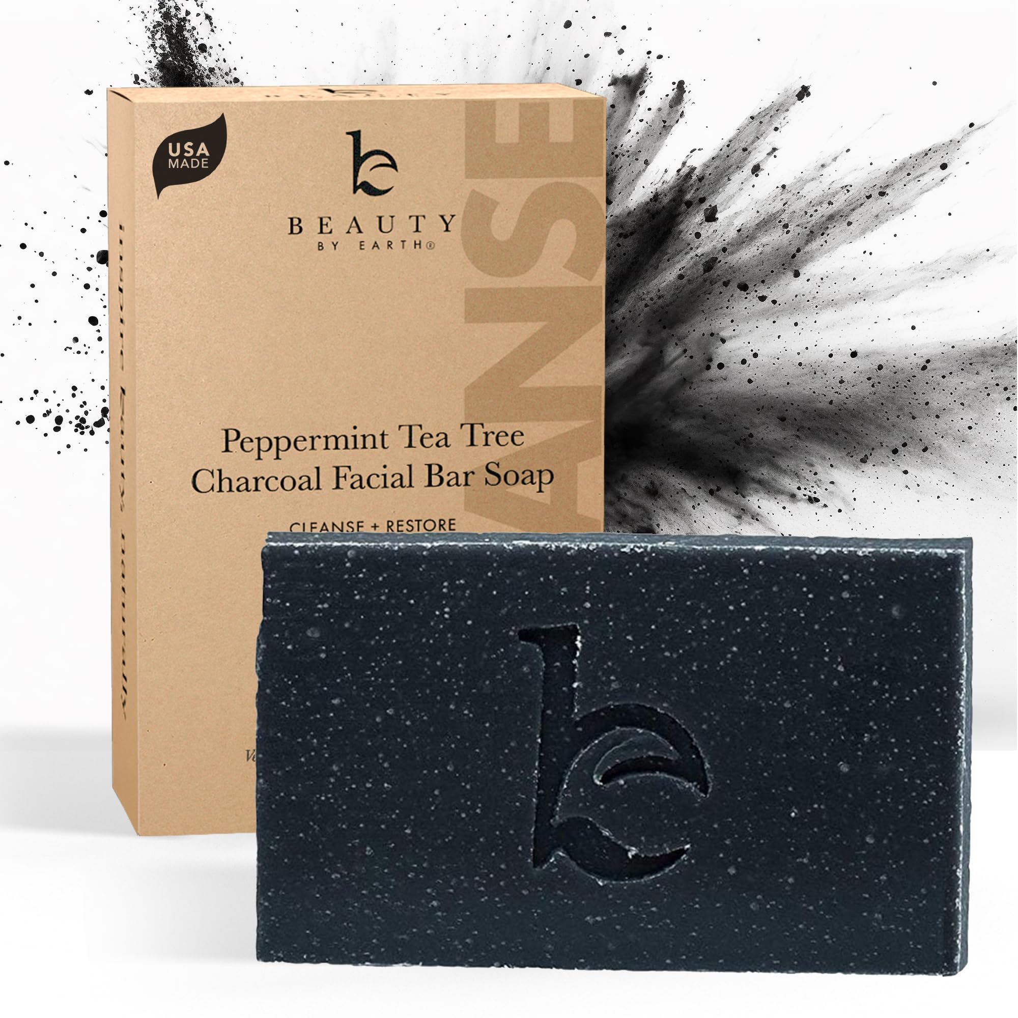 Beauty by Earth peppermint tea tree charcoal bar soap front view for refreshing cleanse