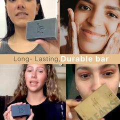Beauty by Earth soap lather close-up shows detoxifying charcoal for clearer pores
