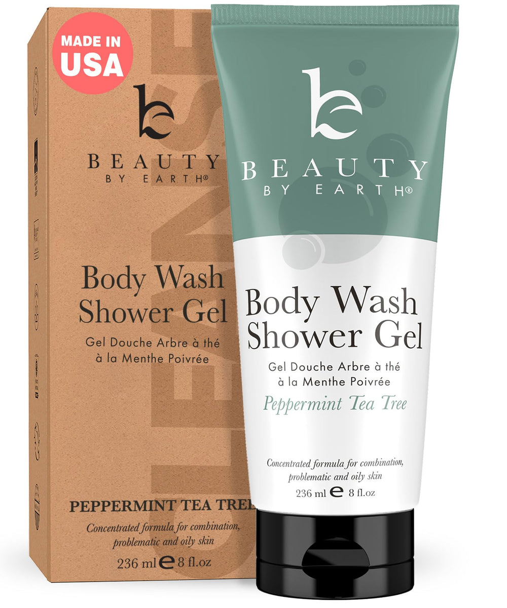 Beauty by Earth peppermint-tea-tree-shower-gel-bottle: refreshing USA-made cleanse for sensitive skin