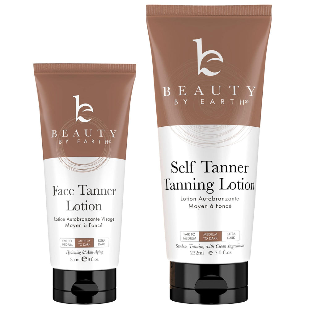 Beauty by Earth self-tanner face-application shows natural glow and even coverage.