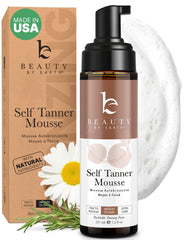 Beauty by Earth self-tanner mousse application steps illustrate easy, even coverage.