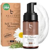 Beauty by Earth self-tanner mousse bottle shows a clean USA-made formula for a natural glow.