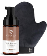 Beauty by Earth self-tanner mousse kit application close-up shows streak-free blend for even tan.