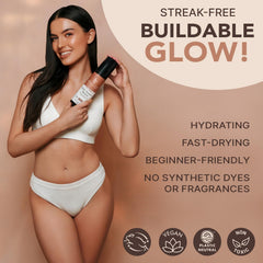 Beauty by Earth self-tanner mousse streak-free finish highlights smooth, even skin tone.