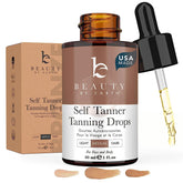 Beauty by Earth self tanning drops bottle closeup showcasing natural, streak-free color.