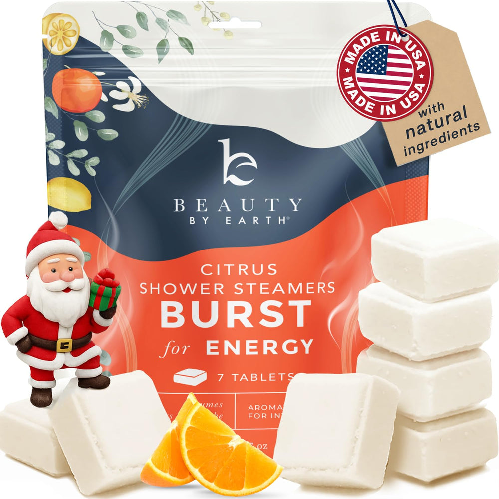 Beauty by Earth shower steamers packaging highlights citrus aromatherapy benefits.