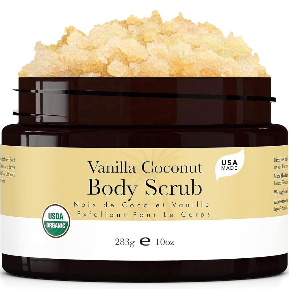 Beauty by Earth Vanilla Coconut Scrub jar shows smooth texture for moisturized skin.