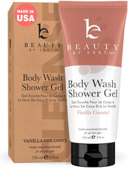 Beauty by Earth Vanilla Coconut Shower Gel bottle highlights gentle, USA-made formula for sensitive skin