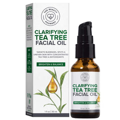 Beauty Foundry Tea Tree Facial Oil bottle closeup, lightweight clarifying oil for clear-looking skin
