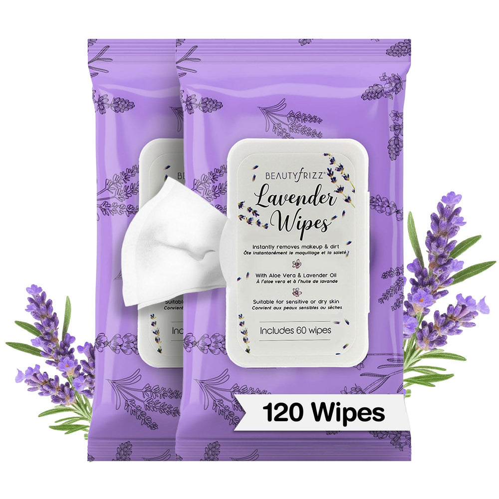 BeautyFrizz Lavender Face Wipes pack front with lavender scent and moisture.