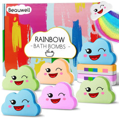 Beauwell Rainbow Bath Bombs gift set packaging showcases vibrant colors for gifting.