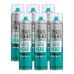 Bed Head Hard Head Hairspray bottle pour showing easy application and extra-strong hold on dry hair.
