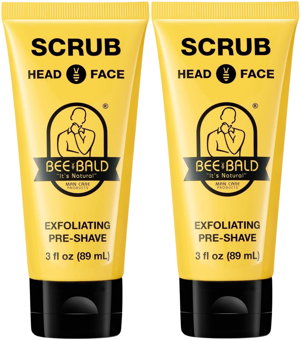 Bee Bald SCRUB jar close-up showing exfoliation for smoother pre-shave prep