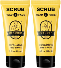Bee Bald SCRUB jar close-up showing exfoliation for smoother pre-shave prep