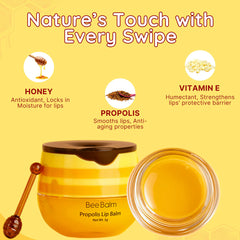 Bee Balm Original Lip Balm label close-up highlights moisturizing ingredients.