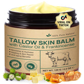 Beef tallow face cream jar shows castor oil and frankincense for deep hydration.