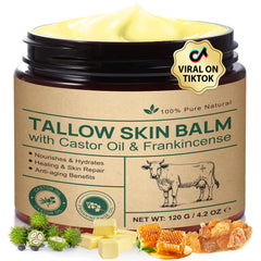 Beef tallow face cream jar shows castor oil and frankincense for deep hydration.
