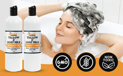 Beef Tallow Goat Milk Conditioner bottle promises strengthened, elastic hair.