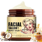 Beef tallow honey balm packaging highlights natural ingredients and simple, nourishing skincare.