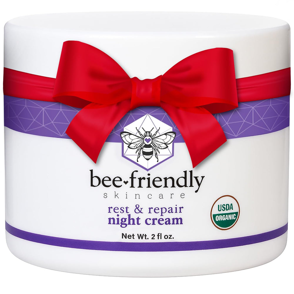 BeeFriendly Organic Night Cream jar closeup showing rich texture for overnight hydration.