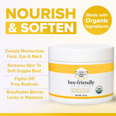 BeeFriendly Organic Olive Oil ingredient visual emphasizes nourishing fatty acids for skin.