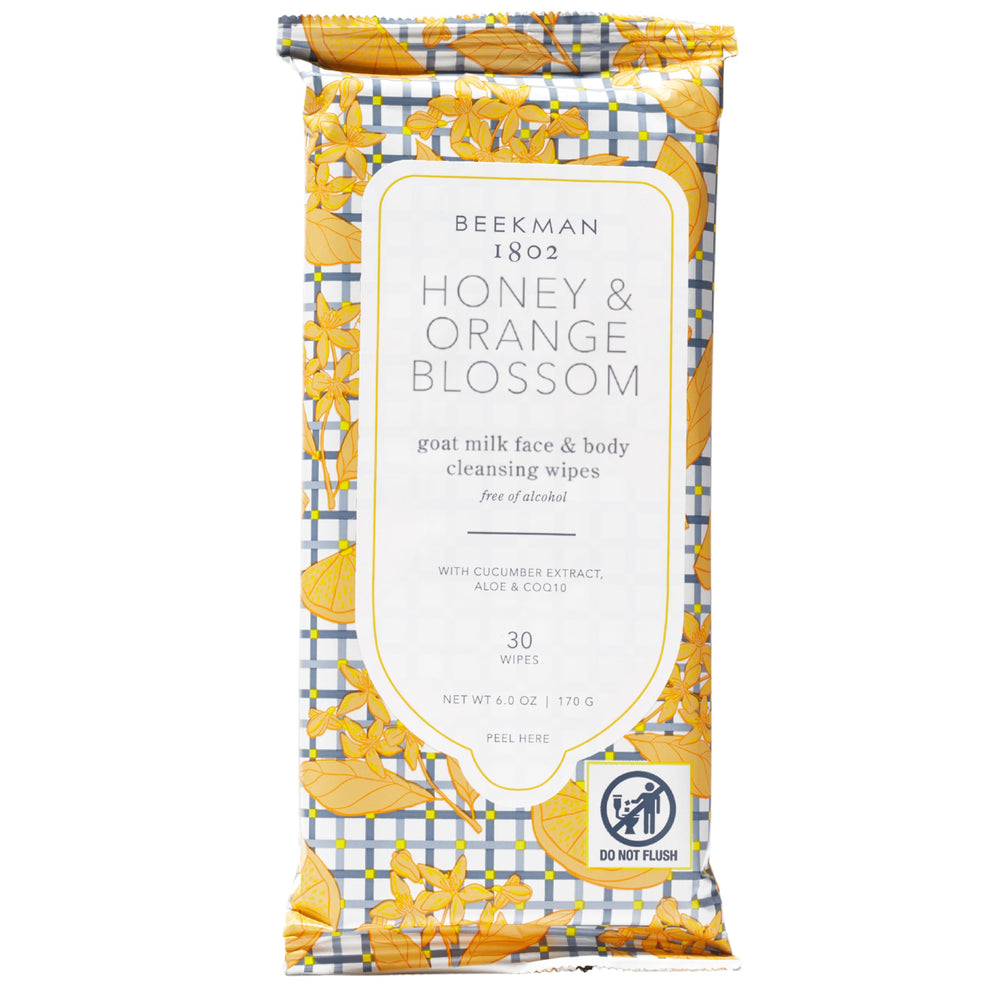Beekman 1802 Face Wipes Honey Orange Blossom packaging for quick cleansing on the go.