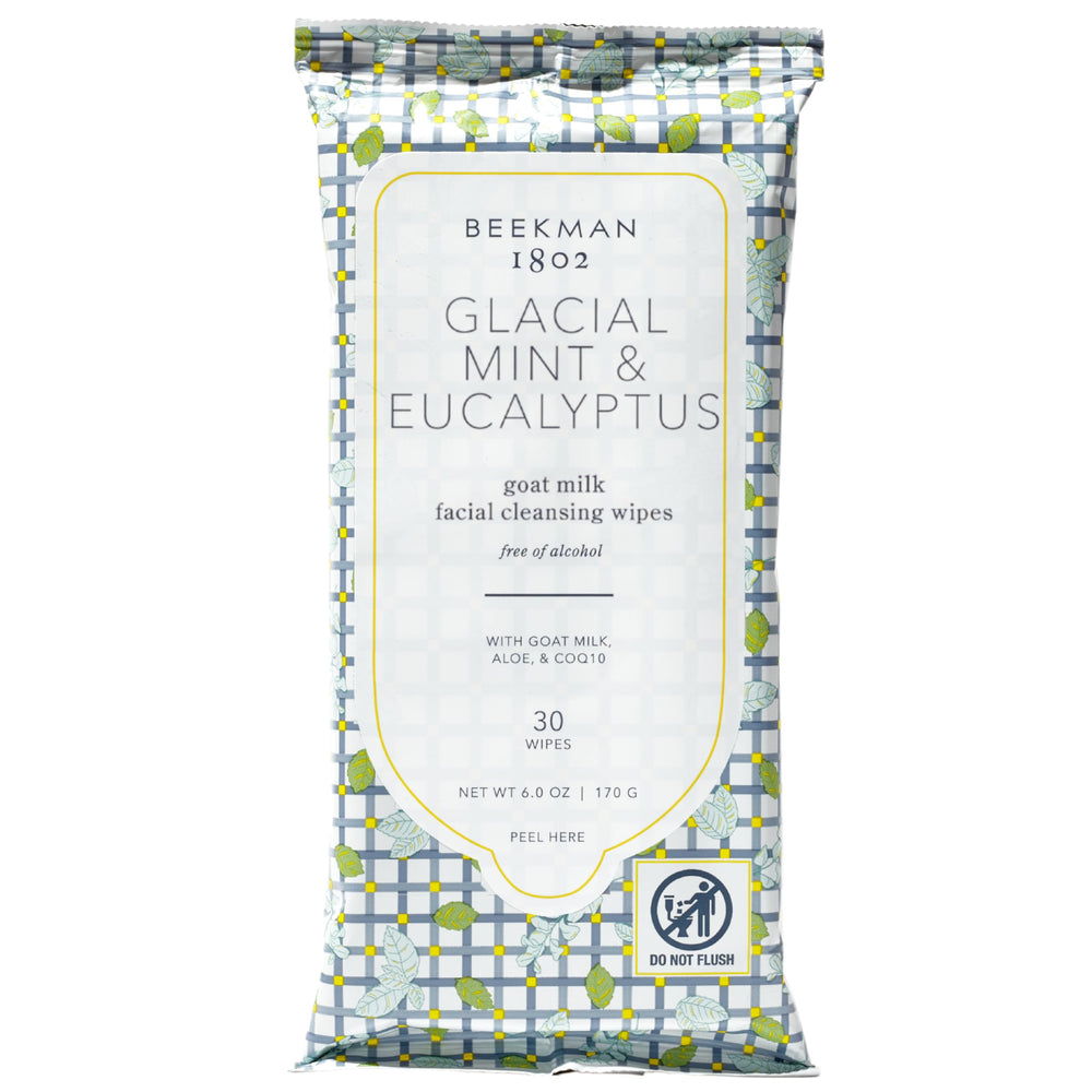 Beekman 1802 glacial mint eucalyptus wipes pack front for a refreshing cleanse on the go