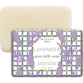 Beekman 1802 goat milk body soap bar lavender on bar providing gentle cleanse for sensitive skin