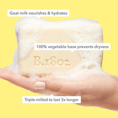 Beekman 1802 Goat Milk Soap Bar cream-texture closeup highlights creamy slip for daily cleansing.