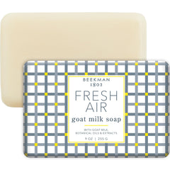 Beekman 1802 Goat Milk Soap Bar Fresh Air packaging highlights gentle cleansing with toxin-free ingredients
