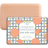 Beekman 1802 Goat Milk Soap Bar Honeyed Grapefruit close-up shows creamy lather for sensitive skin nourishment.