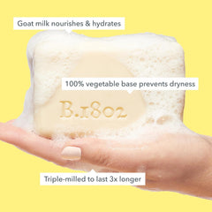 Beekman 1802 Goat Milk Soap Bar Honeyed Grapefruit foam lather highlights rich hydration during shower.