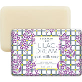Beekman 1802 Lilac Dream soap bar shows creamy goat milk for gentle hydration.