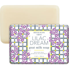 Beekman 1802 Lilac Dream soap bar shows creamy goat milk for gentle hydration.