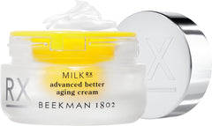 Beekman 1802 Milk RX jar shown for daily hydrating cream and potential firming benefits