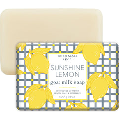Beekman 1802 Sunshine Lemon goat milk soap bar, unwrapped, creamy lather for sensitive skin